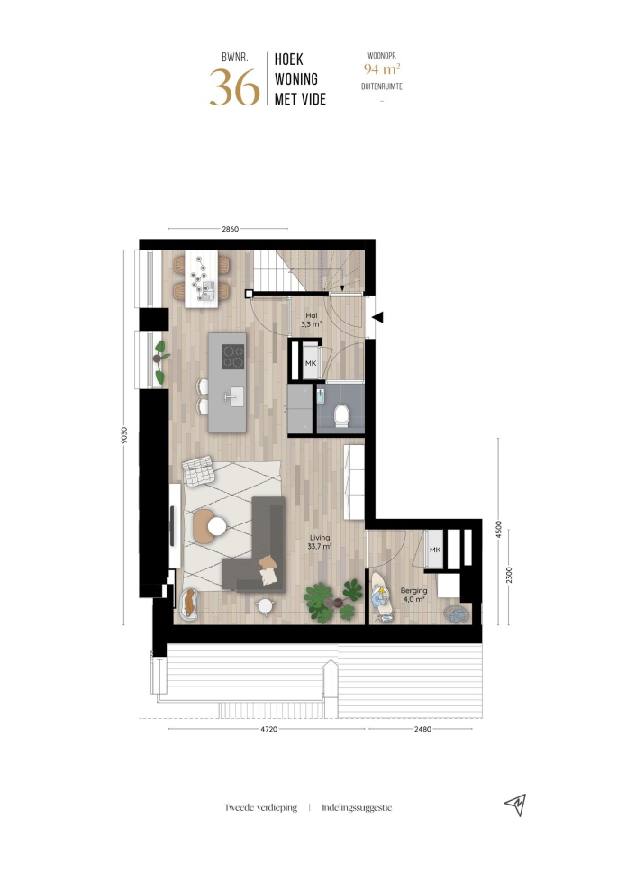 Valkenboskerk Den Haag, Hoek woningen met vide, bouwnummer: 36, 's-Gravenhage