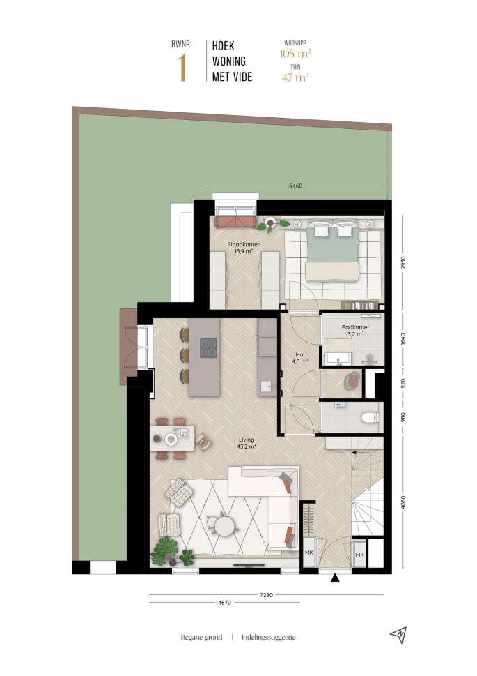 Valkenboskerk Den Haag, Hoek woningen met vide, bouwnummer: 1, 's-Gravenhage